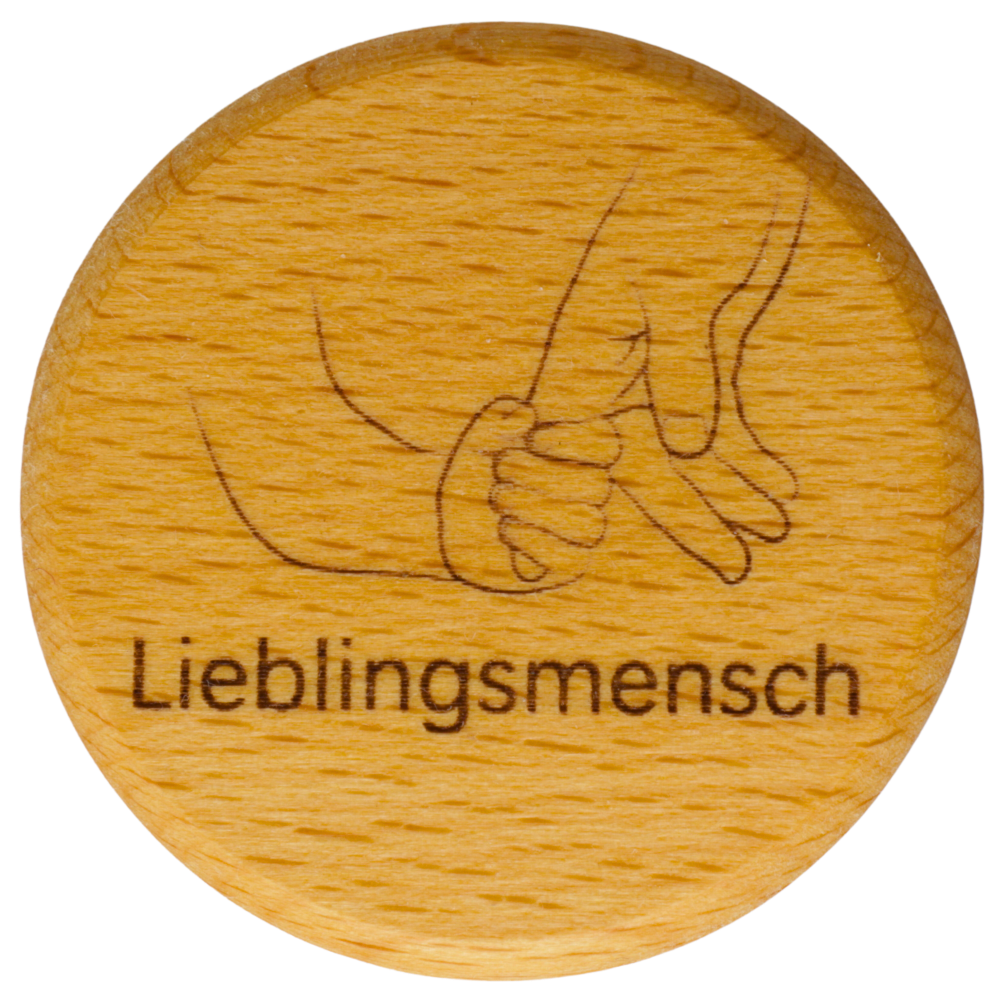 Mementovia-Box mit graviertem Motiv von einer Kinderhand, die eine erwachsene Hand hält, und dem Schriftzug "Lieblingsmensch" als alternative Deckelgravur.