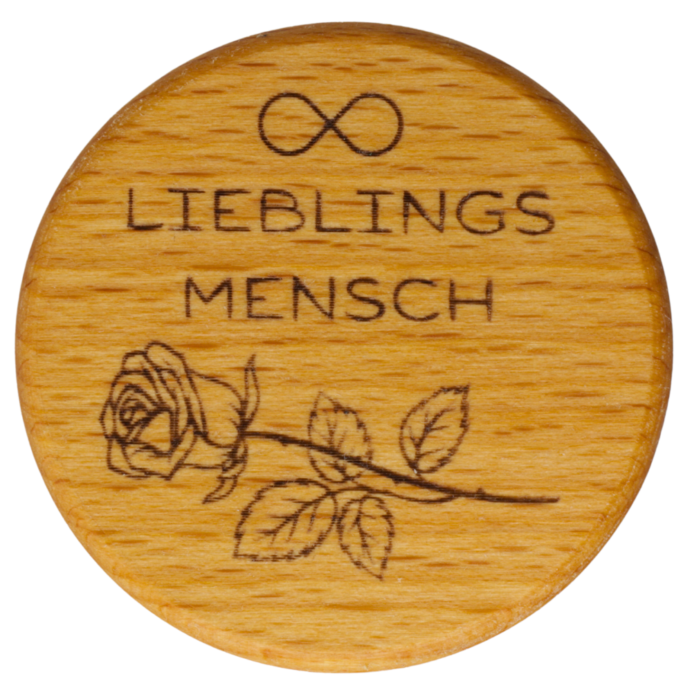 Mementovia-Box mit graviertem Rosen-Motiv, Unendlichkeitszeichen und dem Schriftzug "Lieblingsmensch" als alternative Deckelgravur.